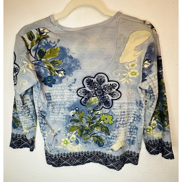Vtg Y2K Three Hearts Blue Floral Whimsy Cottage Blouse Size Medium - Picture 2 of 6